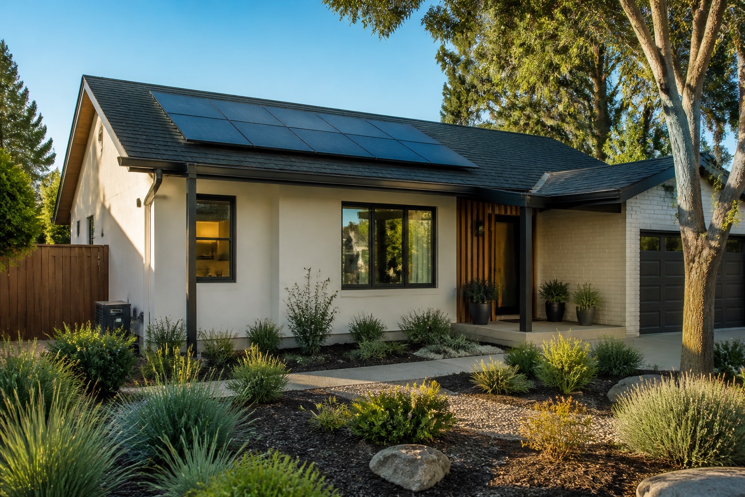 A Sacramento home with rooftop solar and a landscaped front yard