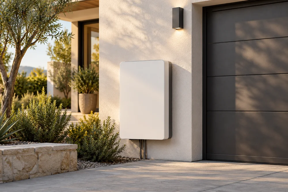 Home backup battery beside a garage