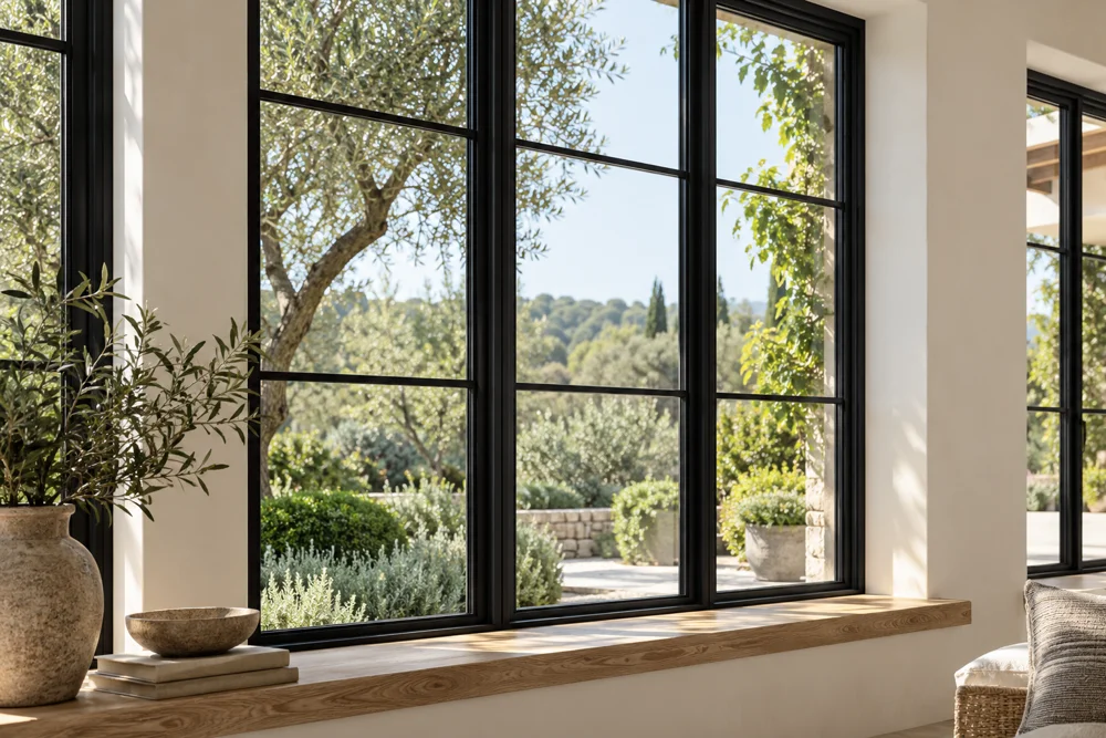 Modern windows looking onto a garden